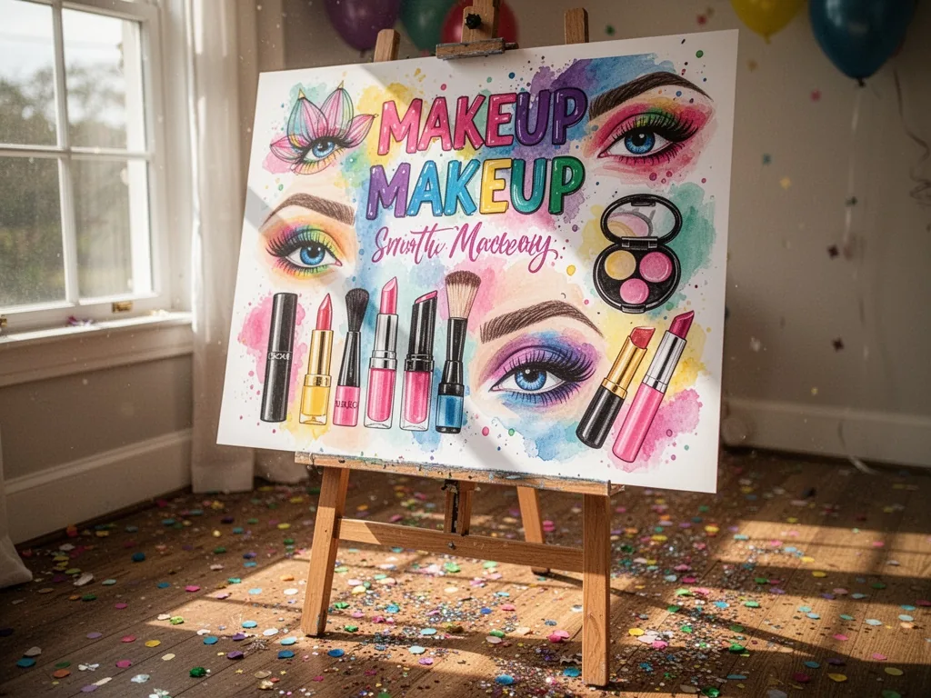 A large A2 poster on a wooden easel, close-up of colorful makeup illustrations with bold typography, sunlight streaming 