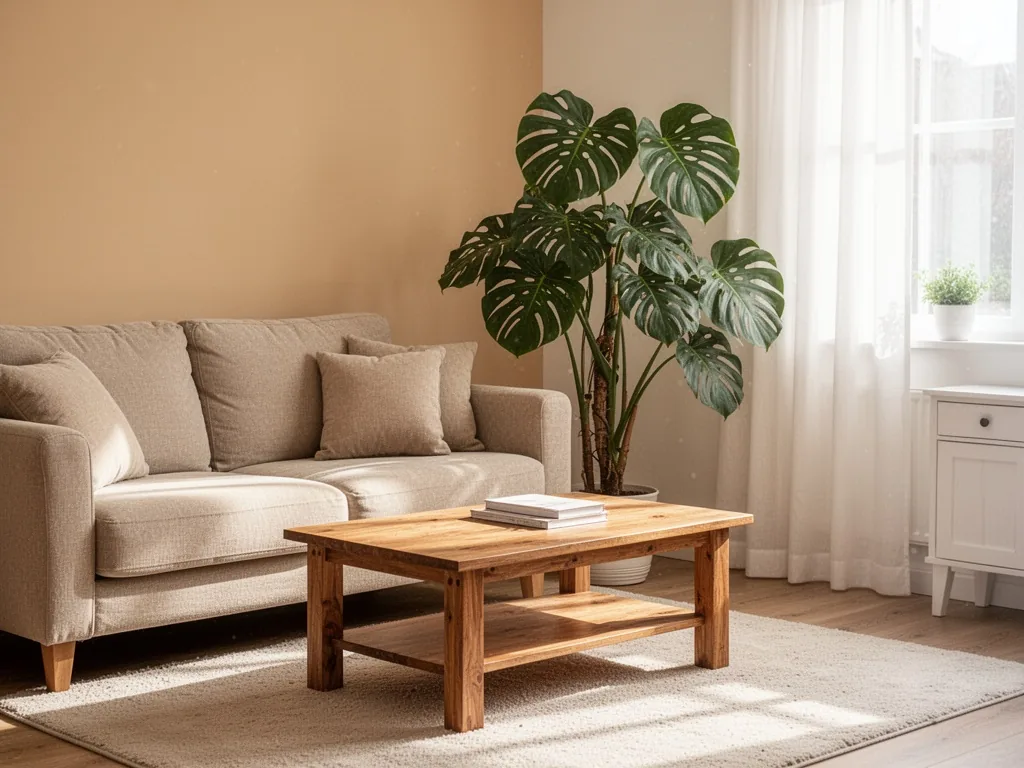 A sunlit living room corner with a beige sofa, wooden coffee table, and a tall Monstera plant, morning light