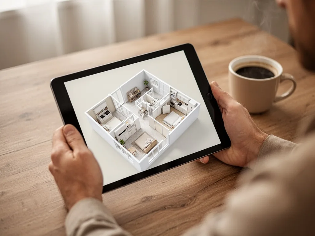 A tablet displaying a 3D floor plan, held by blurred hands over a wooden desk, a coffee cup beside