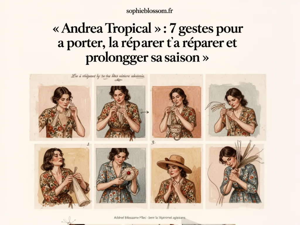 Une robe à imprimé tropical posé sur une chaise en osier, soleil filtrant par une fenêtre et une tasse posée à côté