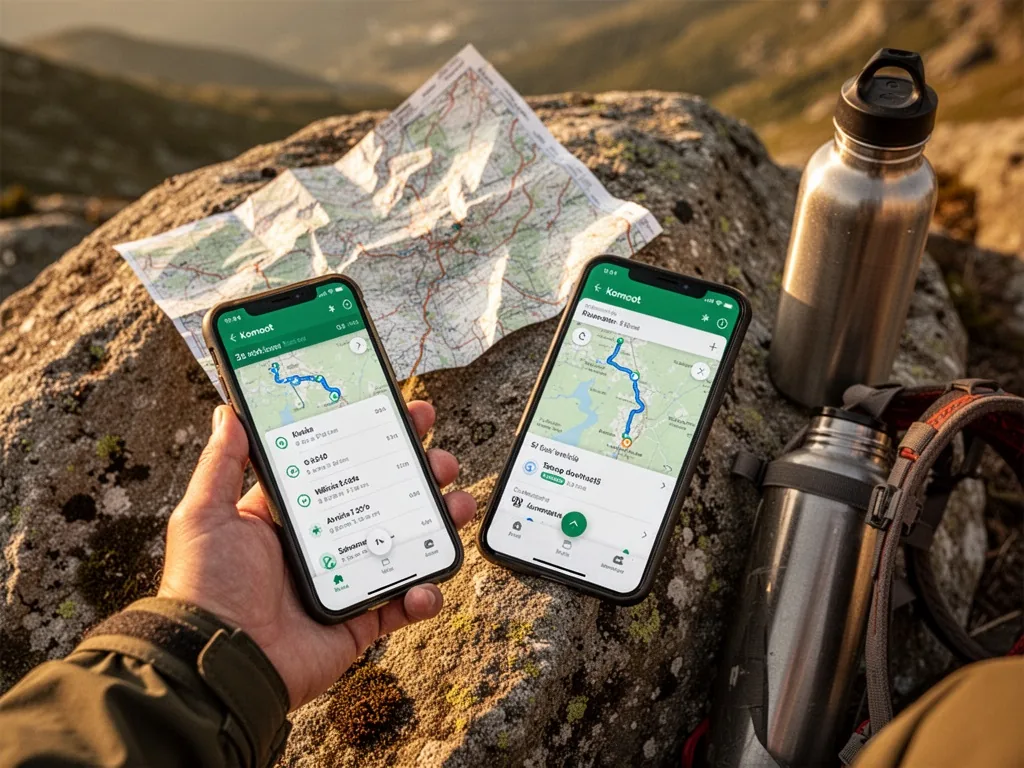 A hiker's hand holding a smartphone displaying Komoot's route planner, a crumpled paper map lying neglected on a sunlit 