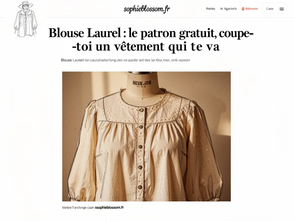 Gros plan sur une blouse légère crème posée sur une table en bois, avec un mètre ruban et des ciseaux