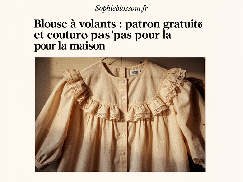 Atelier lumineux : une blouse blanche à volants posée sur une chaise en bois, rouleau de tissu et ciseaux à côté