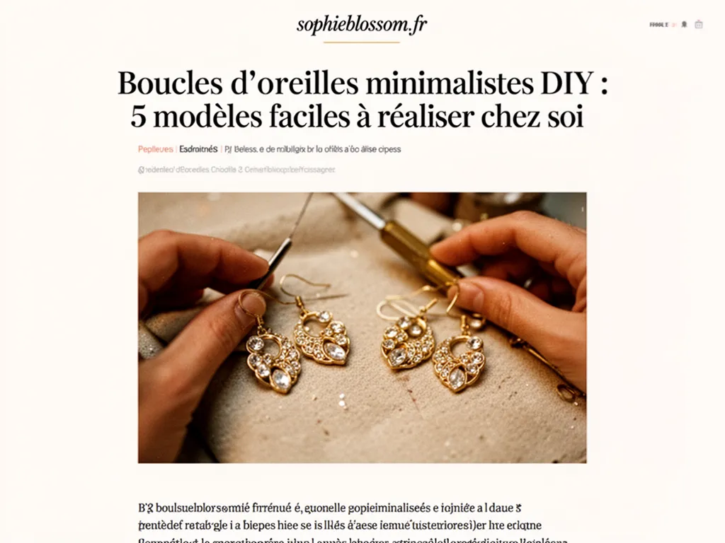Deux paires de boucles d'oreilles minimalistes posées sur une planche en bois : anneaux fins en laiton, petites perles de verre bleu et dormeuses en acier inoxydable