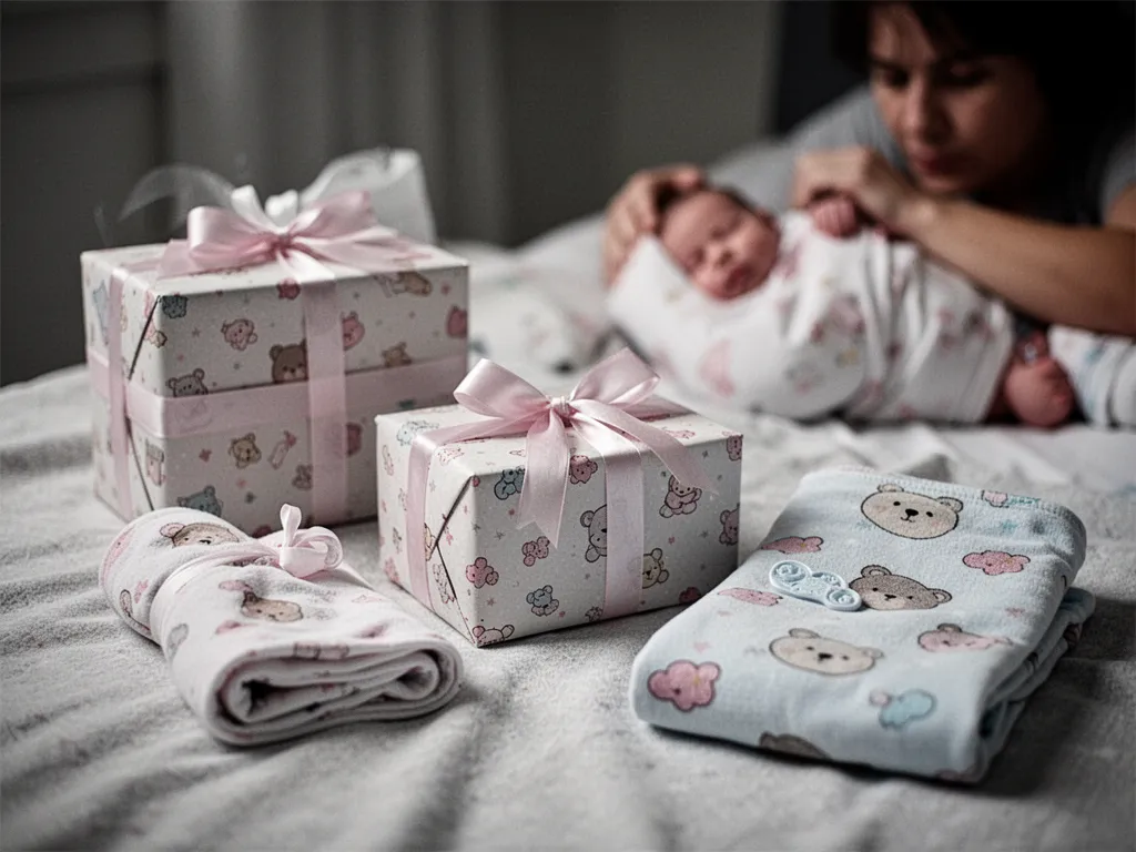 Une jeune mère assise dans un canapé avec un bébé endormi contre elle, une tasse chaude posée sur une table basse et une couverture douce
