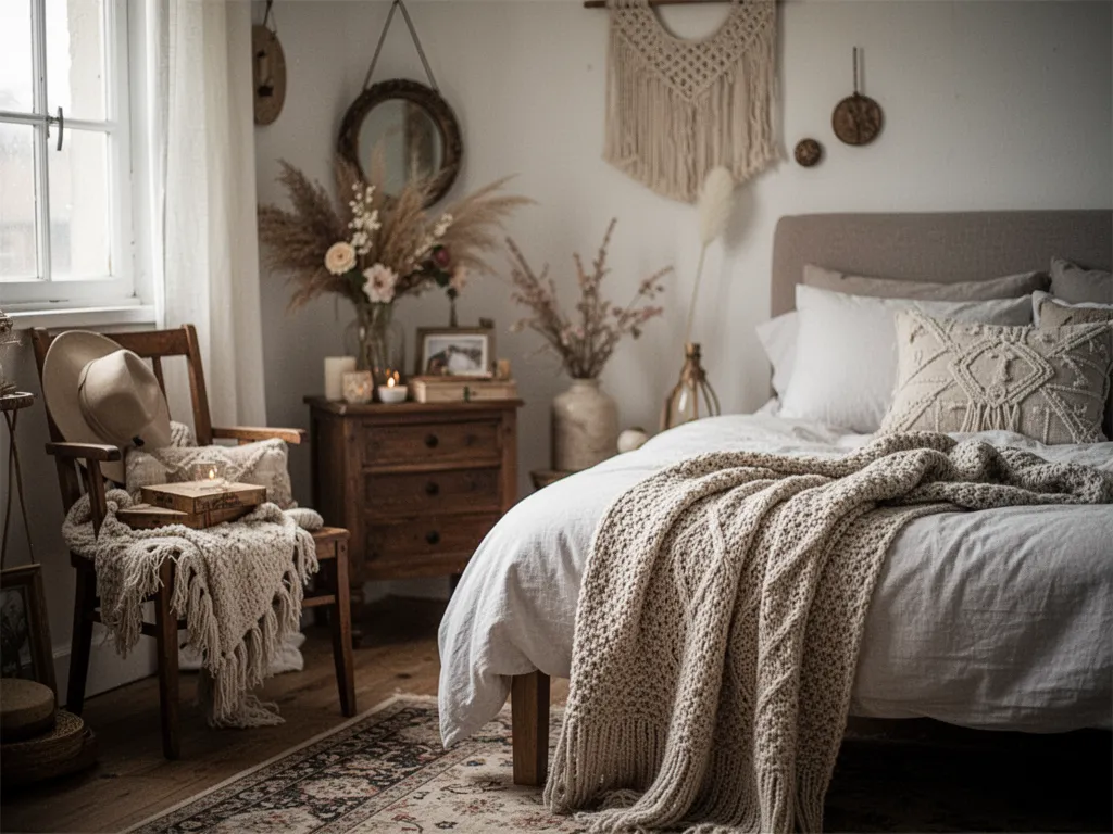 Chambre bohème chic avec tête de lit en rotin, coussins en lin et velours, et plante verte dans un panier en osier.