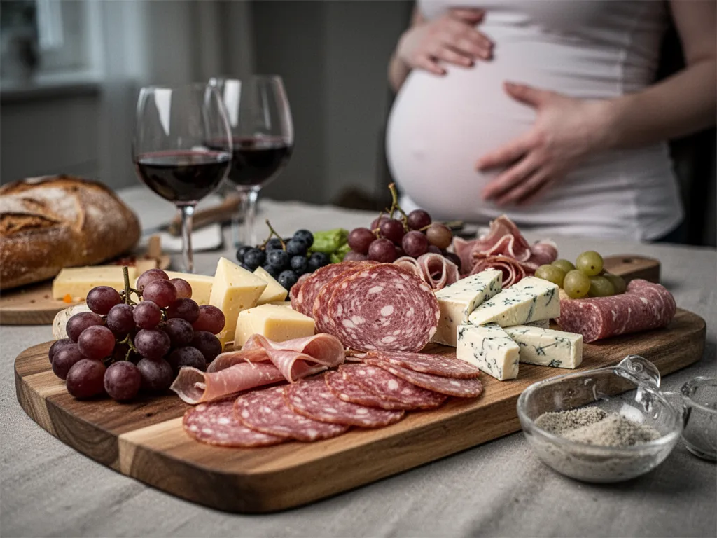 Assiette avec plusieurs tranches de jambon cuit et de charcuteries variées sur une table claire