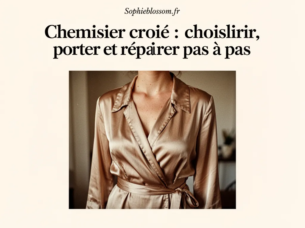 Chemisier croisé blanc sur cintre en bois, plié sur un vélo posé contre un mur en pierre