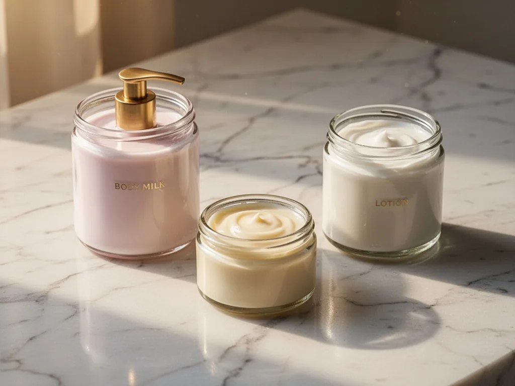 Three glass containers of body milk, balm, and lotion arranged on a white marble surface, soft morning light casting gen