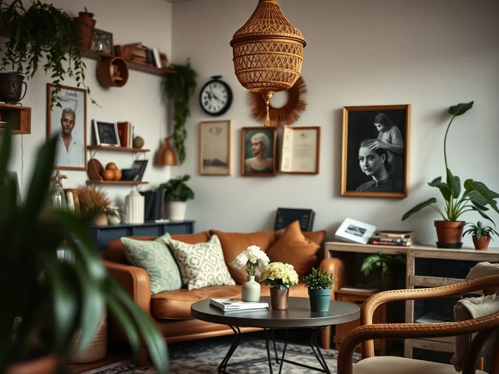 Salon bohème lumineux avec canapé en velours rouille, tapis berbère, suspensions en rotin et grandes plantes vertes devant une fenêtre