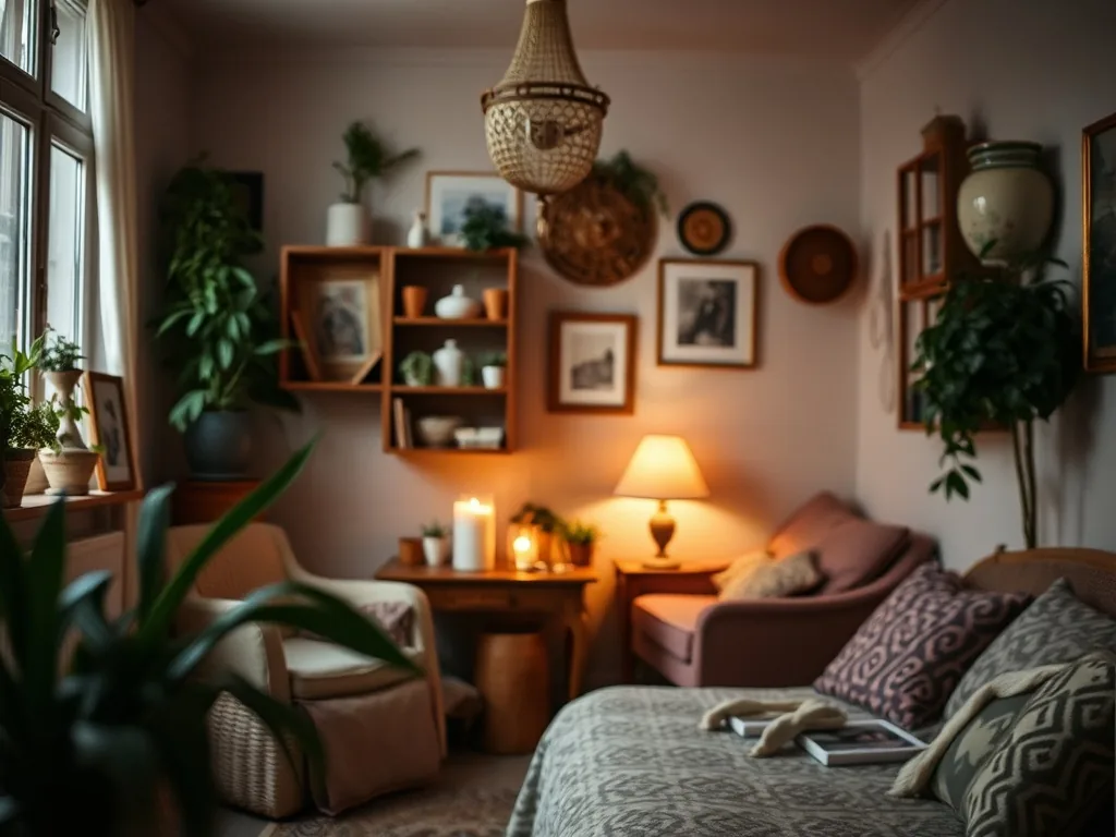 Chambre bohème lumineuse avec un lit en rotin, une suspension en macramé, des coussins en lin et un tapis berbère sur un parquet clair.