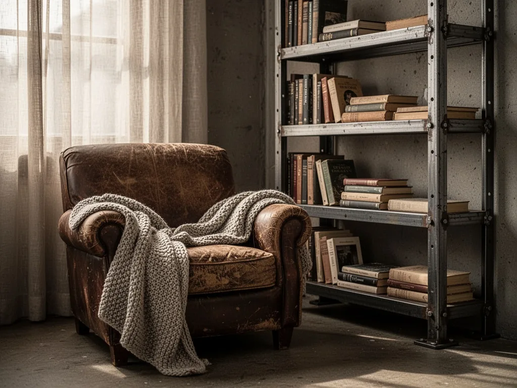 A worn leather armchair beside a raw steel bookshelf, a knitted throw draped over the arm, muted afternoon sunlight filt