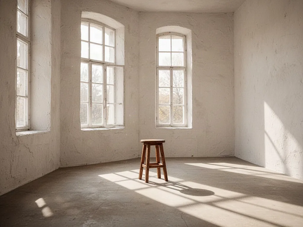 An empty bright room with tall windows, whitewashed plaster walls, a single wooden stool, sunlight casting long shadows