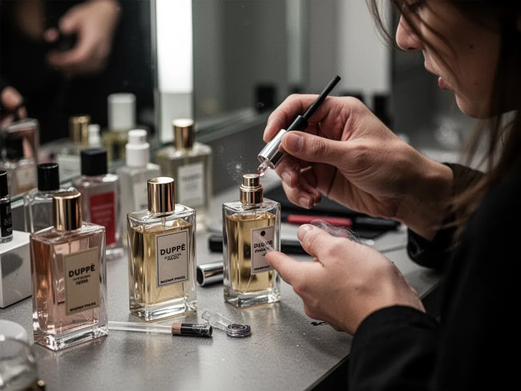 Flacons de parfum alignés sur une étagère de magasin, emballages sobres et colorés, lumière de rayon