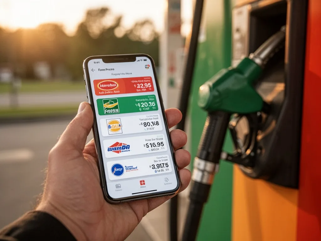 A hand holding a smartphone screen with a fuel price comparison app showing multiple gas station logos and price differe