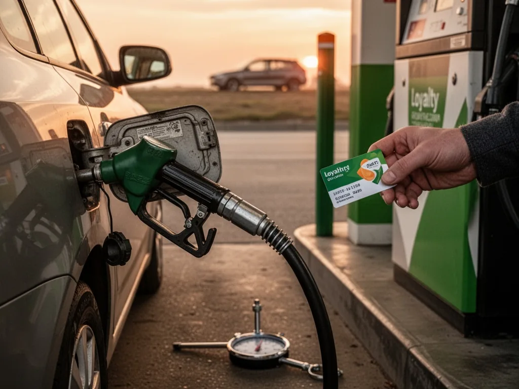 A fuel nozzle inserted into a car's gas tank opening, a hand holding a loyalty card near the pump display, a tire pressu