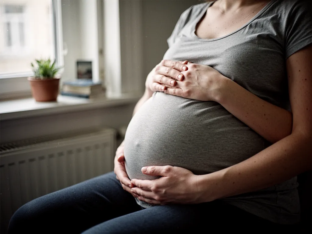 Silhouette d'une femme enceinte de profil, ventre arrondi, mains posées dessus en geste protecteur, arrière-plan neutre et lumineux