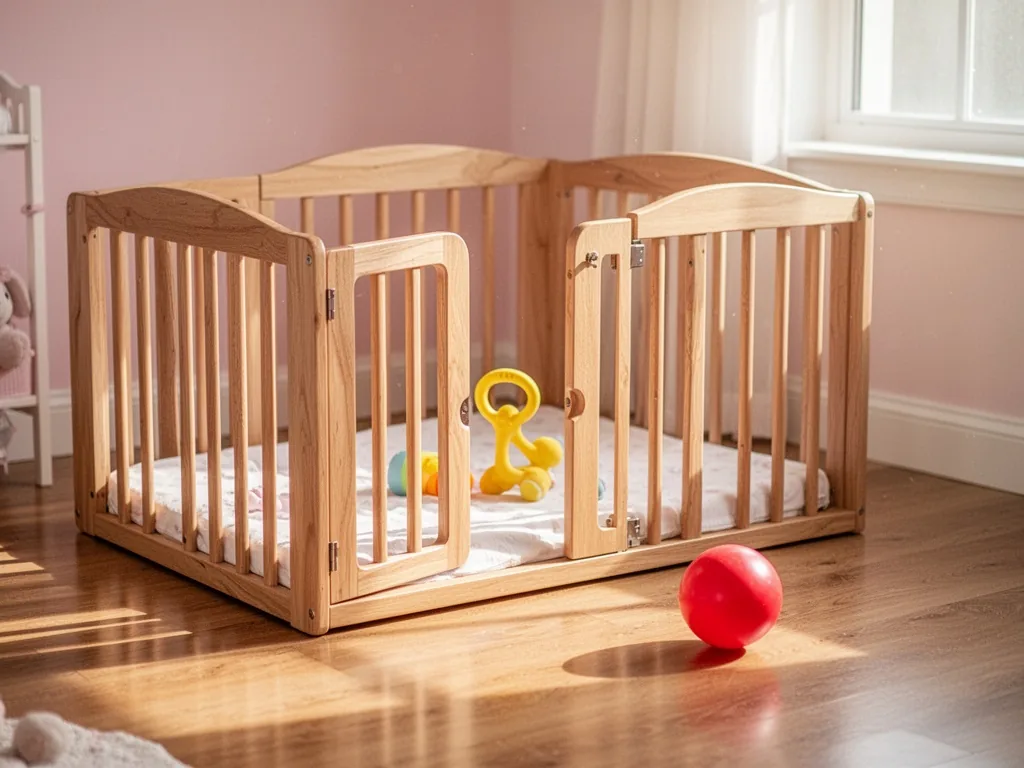 A wooden baby playpen with a half-opened gate, a yellow rattle inside and a red ball on the polished floor, soft morning