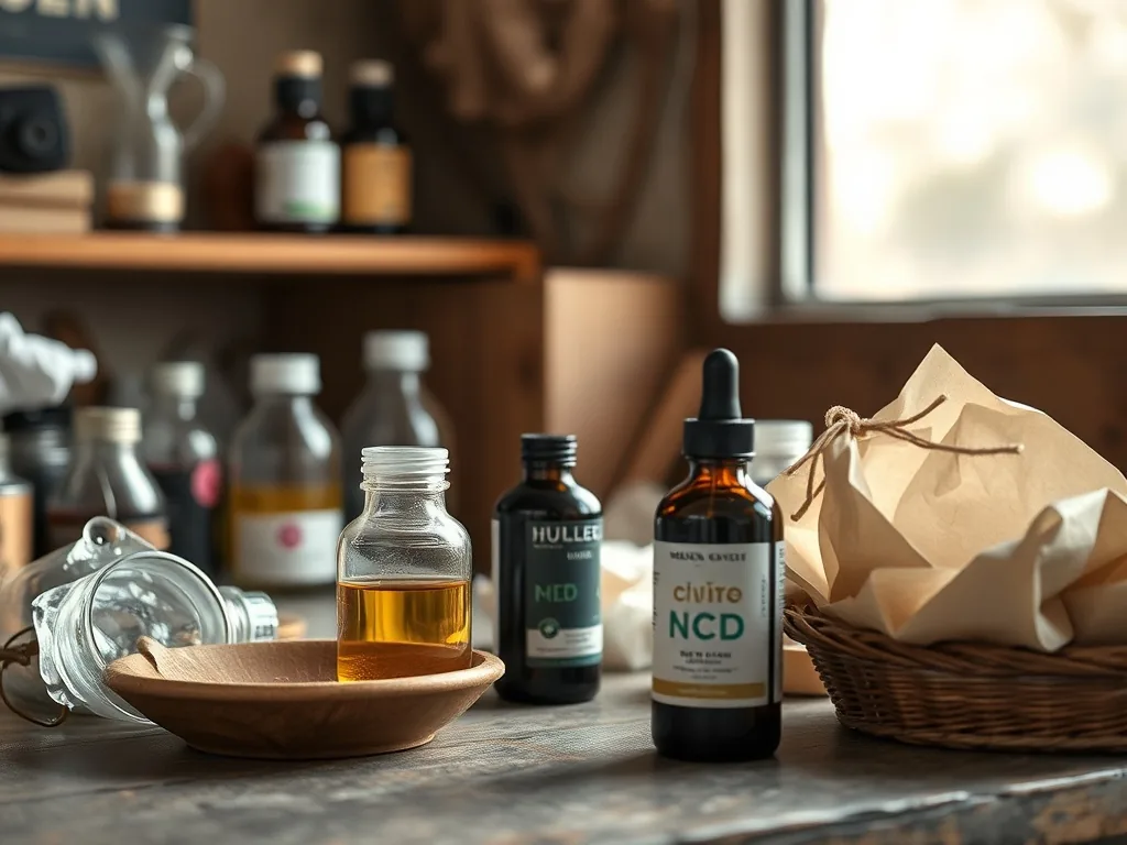 Flacon d’huile de CBD avec pipette en verre, posé sur une table en bois clair, à côté d’une tasse de tisane fumante
