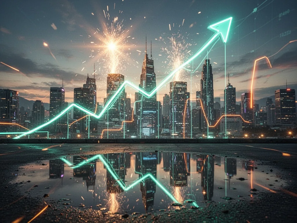 A glowing upward-trending stock chart made of neon lines, sparks rising from a futuristic city skyline at dusk, reflecte