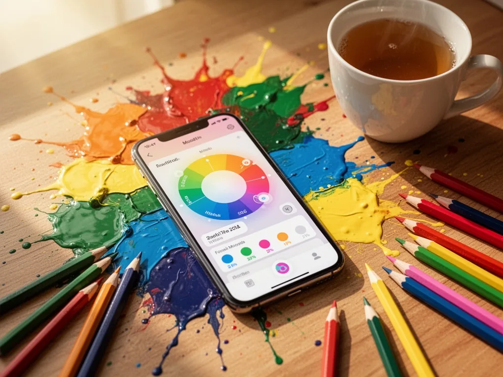 A smartphone screen displaying a colorful mood-tracking app interface, surrounded by vibrant paint splatters, a cup of t