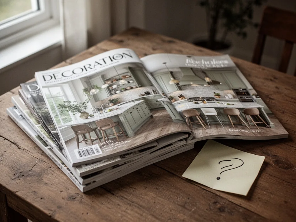 A stack of glossy decoration magazines on a wooden table, one open showing a perfect kitchen, a handwritten note with a 