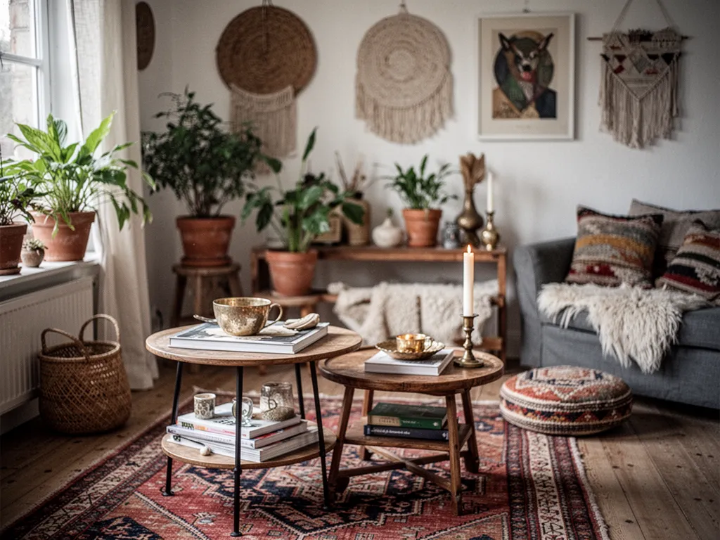 Salon lumineux aux murs clairs avec tapis texturé, fauteuil en rotin, coussins écrus, plantes vertes et meubles en bois