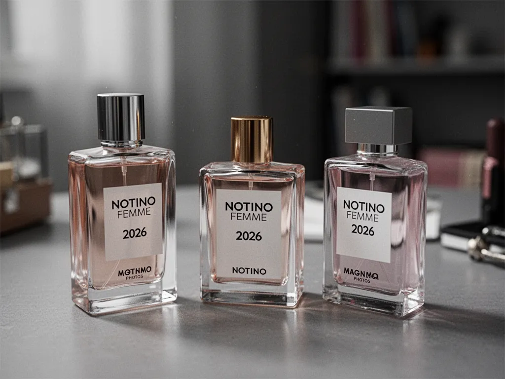 Plusieurs flacons de parfum féminins alignés sur une coiffeuse, avec vaporisateurs dorés et lumière douce