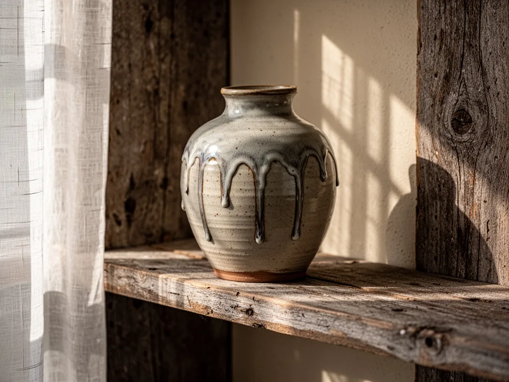 A hand-thrown ceramic vase with uneven glaze drips rests on a weathered wooden shelf, sunlight filtering through sheer c