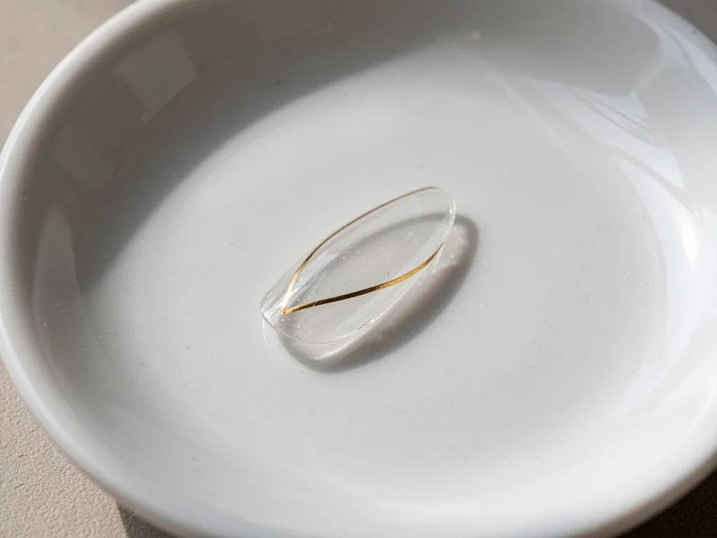 A single almond-shaped nail tip with a minimalist clear gel overlay and thin gold line, resting on white ceramic plate, 