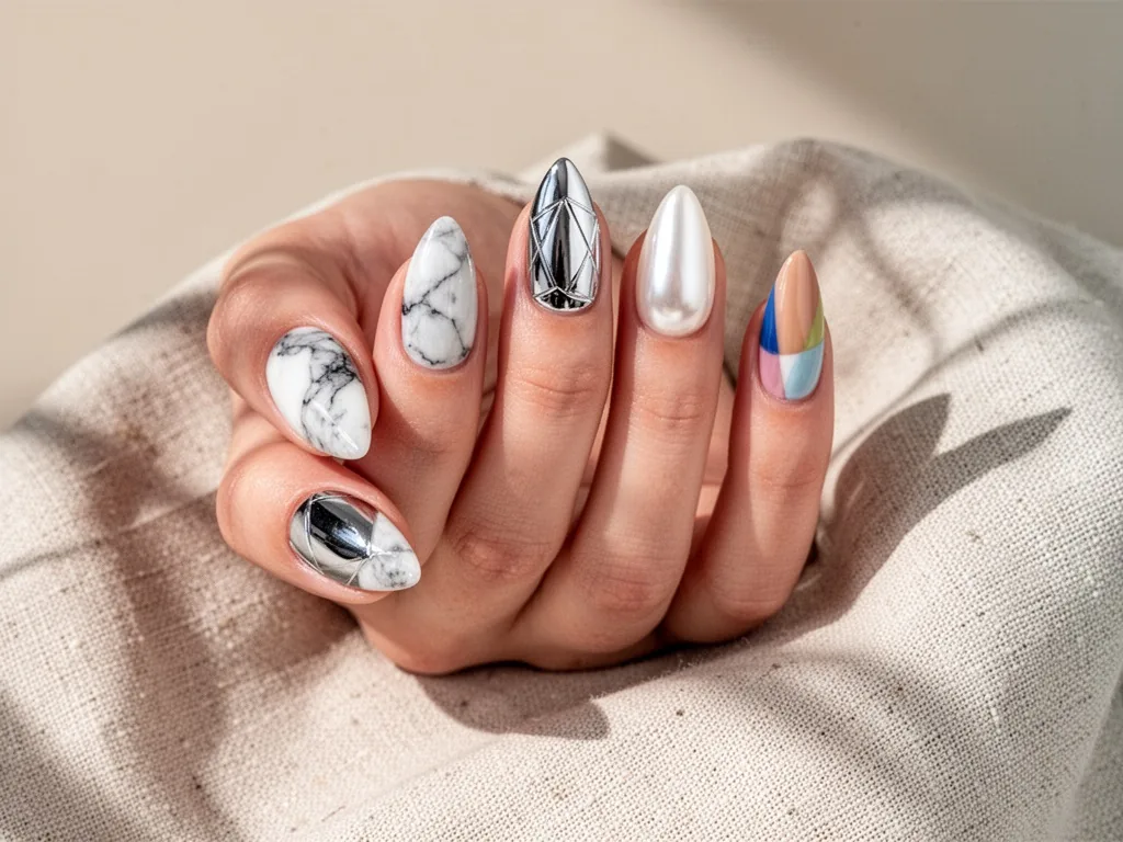 A hand with five almond-shaped nails, each featuring a different modern design: marble, chrome, geometric, pearl, color 