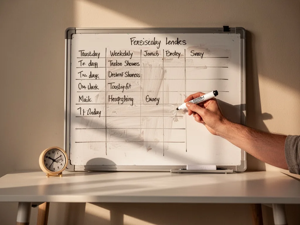 A whiteboard with a partially erased weekly schedule, a dry erase marker held by a hand correcting an entry, a minimalis