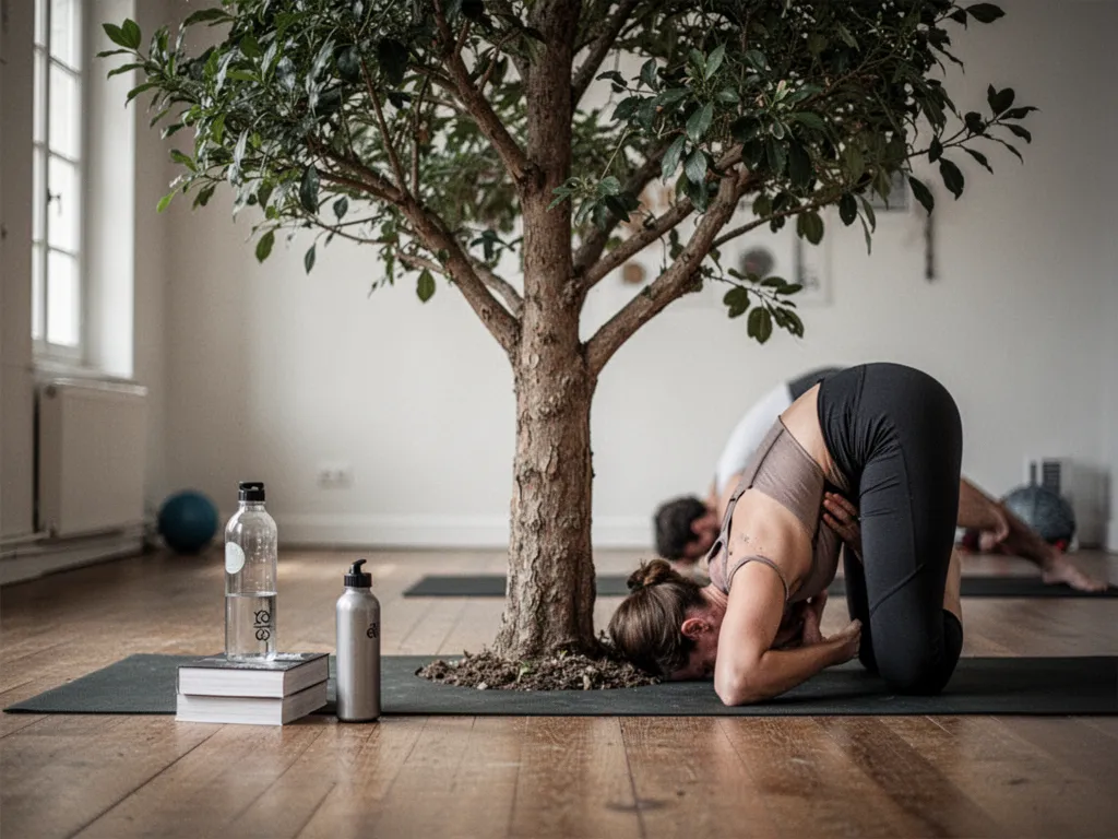 Vue d’un pied nu fermement ancré au sol en posture de l’arbre, le dos de l’autre jambe appuyé contre la cuisse, mains jointes au-dessus de la tête dans une pièce claire.