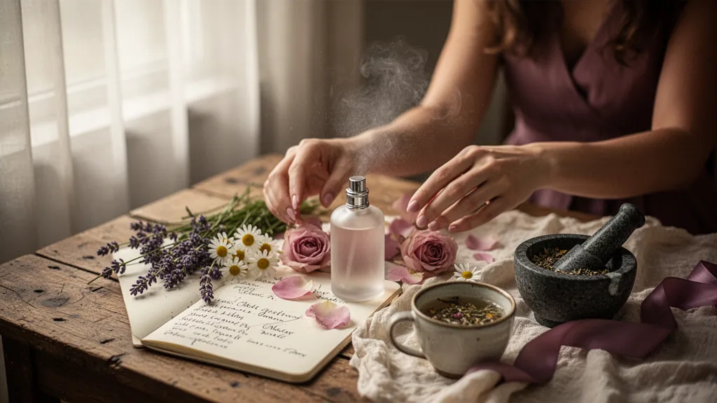 Flacon de parfum posé sur un tissu doux avec une lumière chaude, silhouette féminine floue en arrière-plan
