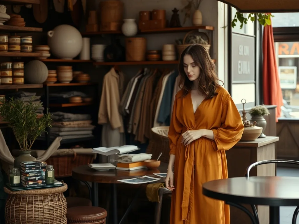 Femme portant une robe longue bohème en coton léger, accessoirisée simplement, dans une rue ensoleillée