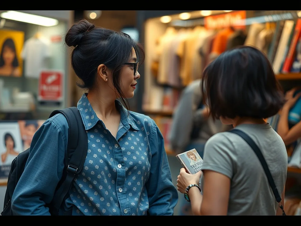 Jeune femme en tenue inspirée des mangas, veste oversized, jupe plissée et baskets, ambiance urbaine colorée