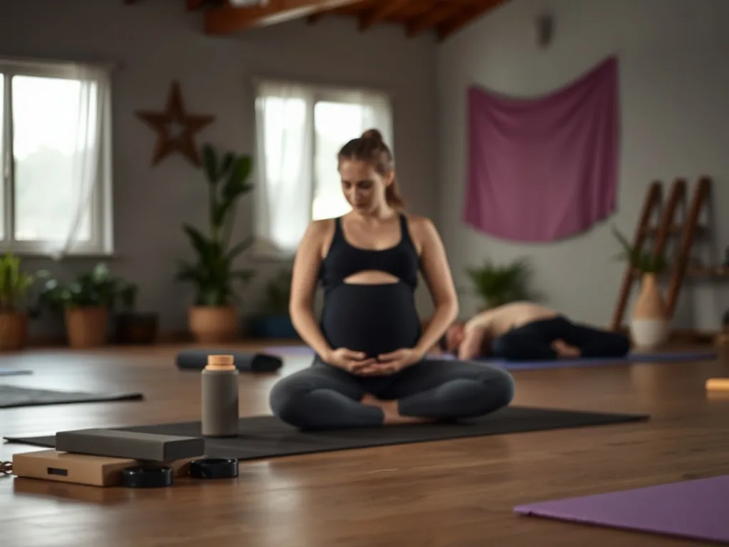Femme enceinte dans une posture de yoga prénatal, studio lumineux, tapis, ambiance calme